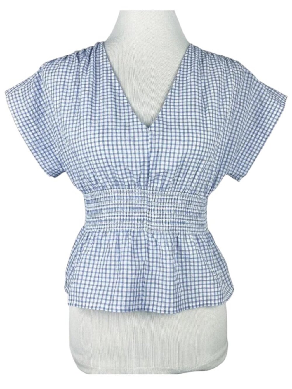 Madewell Gingham Plaid Seersucker Smocked Top Womens Small Blue White